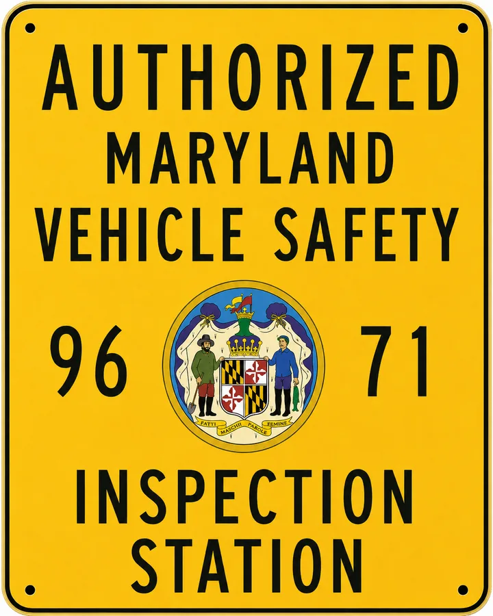 Authorized Maryland Vehicle Safety Inspection Station sign, station number 9671
